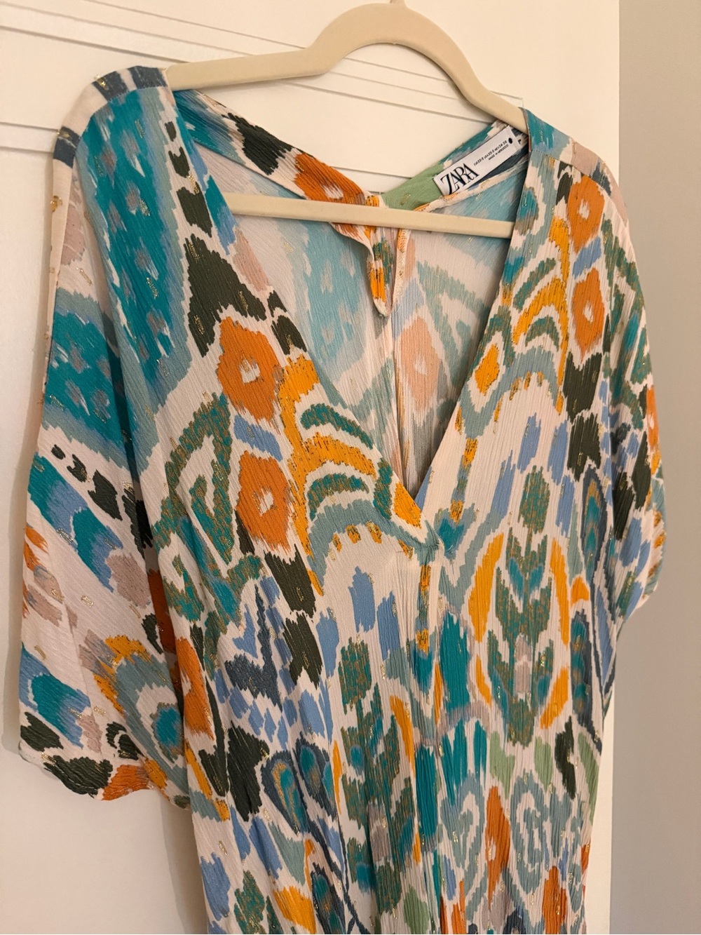 Zara Multicolor Abstract V-Neck Dress in Teal, Orange & White